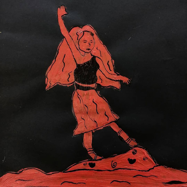 Kuvataideteos, jossa naishahmo seisoo kivellä veden keskellä ja nostaa toista kättään.  Hahmo ja rajat ovat punaisia, tausta on musta.